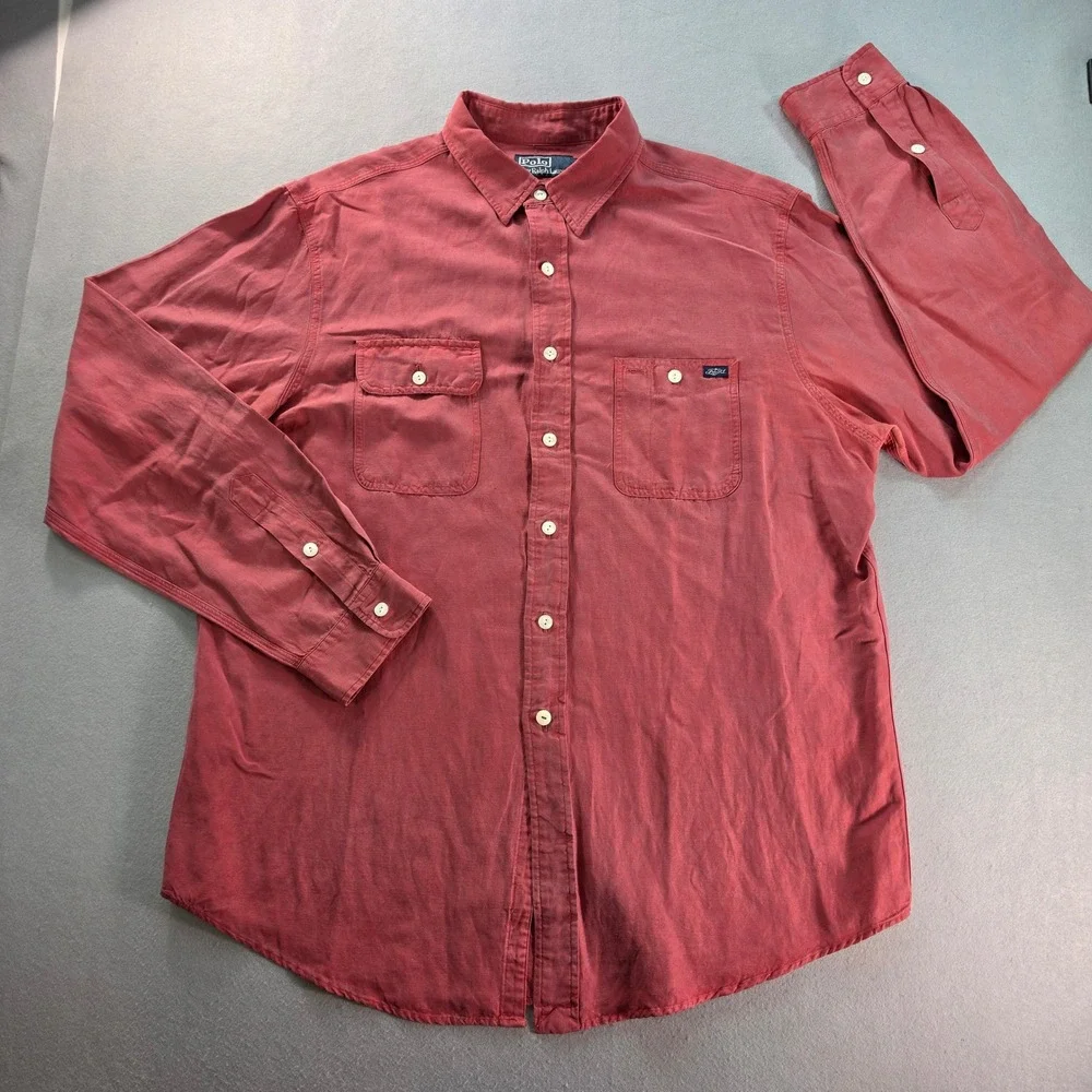 Polo Ralph Lauren Silk Linen Cotton Shirt Mens XL Red Long Sleeve Button Down